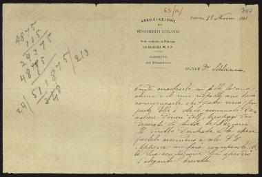 Letter sent by Associazione dei Benemeriti Italiani to Schliemann, Heinrich, 1881