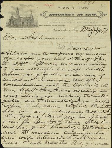 Letter sent by Davis, Edwin A. to Schliemann, Heinrich, 1879