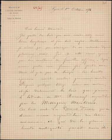 Letter sent by Lortet, ? to Schliemann, Heinrich, 1874