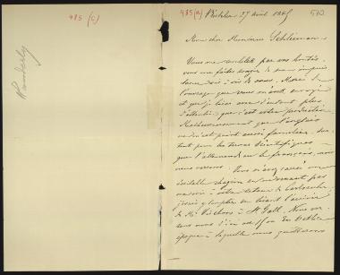 Letter sent by Wunderly, J. Dore to Schliemann, Heinrich, 1885
