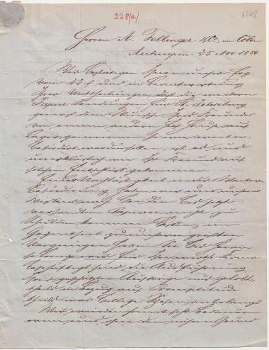 Letter sent by Monheim, ? and den Berghe, ? to Fellinger, A. & Co. 1856