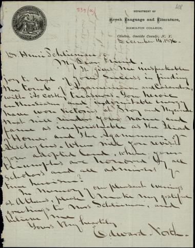 Letter sent by North, Edward to Schliemann, Heinrich, 1876