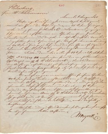 Letter sent by Meyer & Co. to Schliemann, Heinrich, 1854