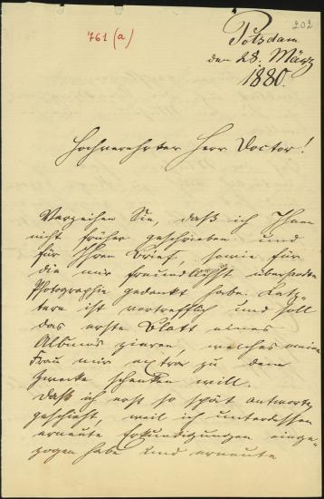 Letter sent by Saxe-Meiningen, Bernhard to Schliemann, Heinrich, 1880
