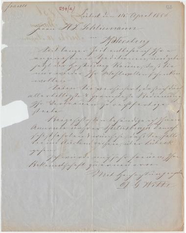 Letter sent by Witte, D. G. to Schliemann, Heinrich, 1856