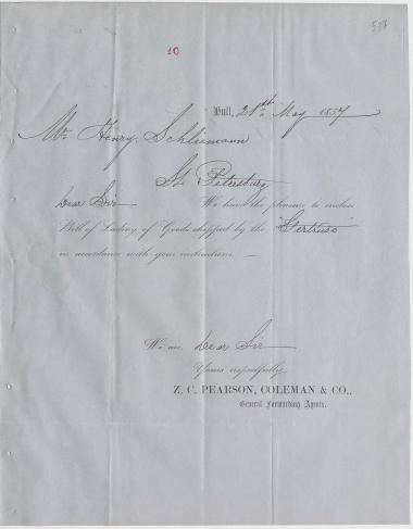 Letter sent by Pearson, Coleman & Co. to Schliemann, Heinrich, 1857