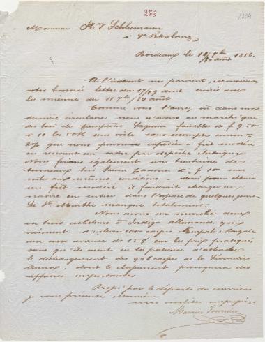 Letter sent by Fournier, Maurice to Schliemann, Heinrich, 1856