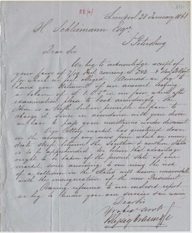 Letter sent by Blessig Braun & Co. to Schliemann, Heinrich, 1861