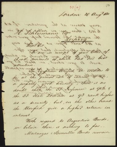 Letter sent by Schröder, Henry J. & Co. to Schliemann, Heinrich, 1880