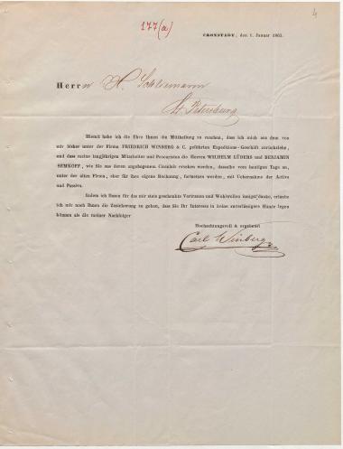 Letter sent by Winberg, Carl to Schliemann, Heinrich, 1863