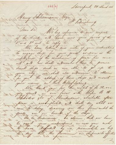 Letter sent by Telo & Prange to Schliemann, Heinrich, 1856