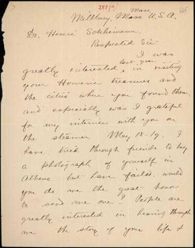 Letter sent by Ewell, John L. to Schliemann, Heinrich, 1889