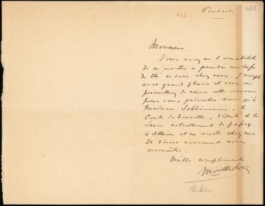 Letter sent by Montholon, ? to Schliemann, Heinrich, 1888