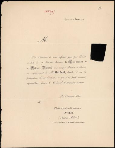 Letter sent by Laverne, Antoine-Albert to Schliemann, Heinrich, 1871