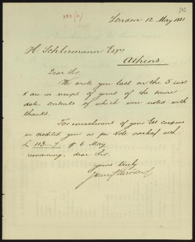 Letter sent by Schröder, Henry J. & Co. to Schliemann, Heinrich, 1881
