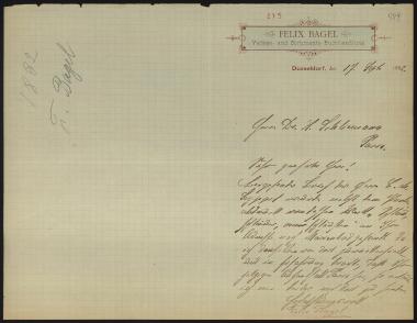 Letter sent by Bagel, Felix to Schliemann, Heinrich, 1882