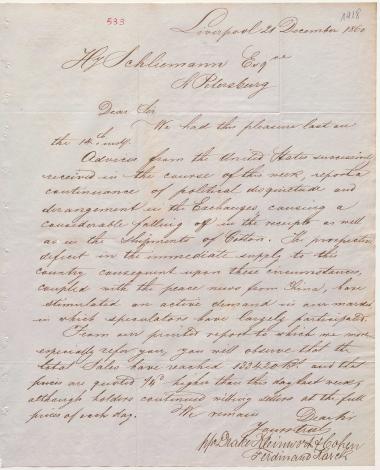 Letter sent by Drake, Kleinwort & Cohen to Schliemann, Heinrich, 1860