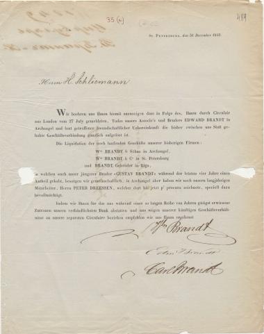 Letter sent by Brandt, Wm. & Co. to Schliemann, Heinrich, 1848