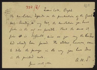 Letter sent by Sayce, Archibald Henry to Schliemann, Heinrich, 1880