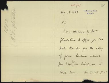 Letter sent by Gladstone, William Ewart  to Schliemann, Heinrich, 1882