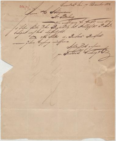 Letter sent by Winberg, Friedrich & Co. to Schliemann, Heinrich, 1856