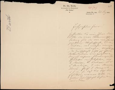 Letter sent by Barth, Th. to Schliemann, Heinrich, 1884