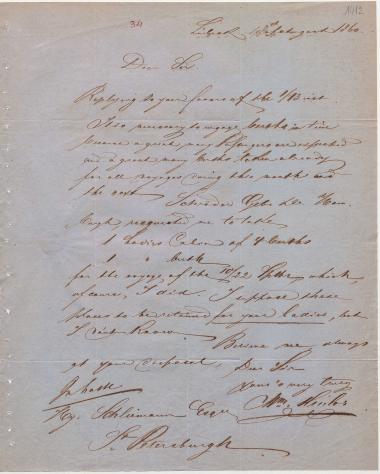 Letter sent by Minlos, Wilhelm to Schliemann, Heinrich, 1860