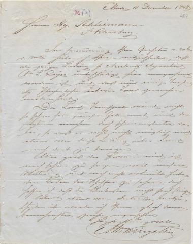 Letter sent by Kingelin, Abr. to Schliemann, Heinrich, 1848