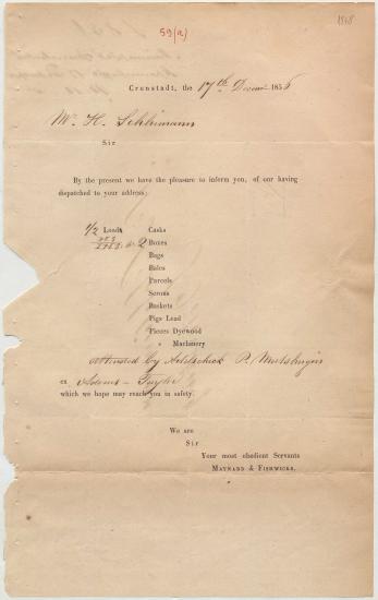 Letter sent by Maynard & Fishwicks to Schliemann, Heinrich, 1856