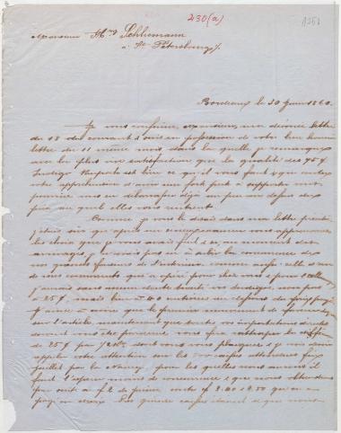 Letter sent by Fournier, Maurice to Schliemann, Heinrich, 1860