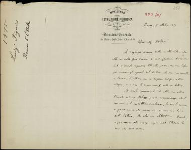 Letter sent by Pigorini, Luigi to Schliemann, Heinrich, 1875