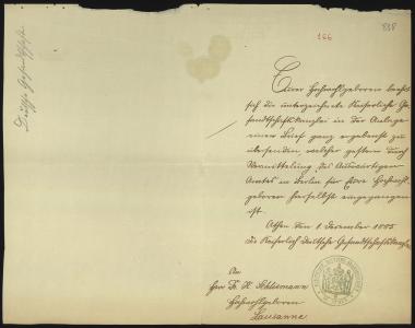 Letter sent by Kaiserlich Deutsche Gesandtschaft in Athen to Schliemann, Heinrich, 1885