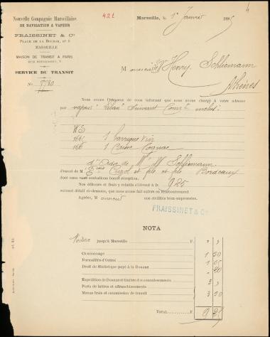 Letter sent by Fraissinet & Cie. to Schliemann, Heinrich, 1885
