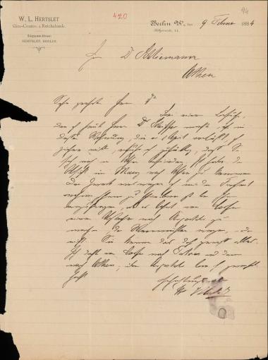 Letter sent by Hertslet, W. L. to Schliemann, Heinrich, 1884
