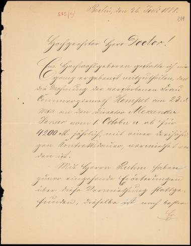 Letter sent by Schmidt, R. to Schliemann, Heinrich, 1888