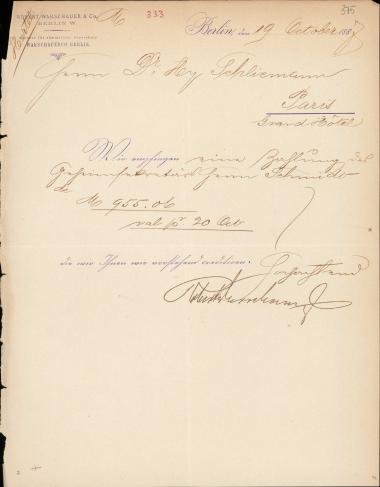 Letter sent by Warschauer, Robert & Co. to Schliemann, Heinrich, 1887
