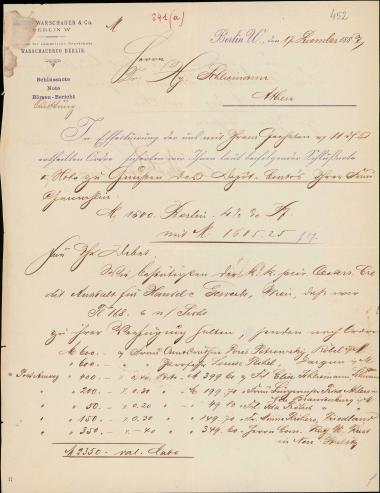 Letter sent by Warschauer, Robert & Co. to Schliemann, Heinrich, 1887