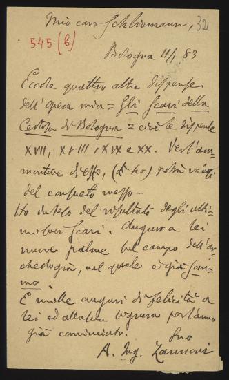 Letter sent by Zannoni, Antonio to Schliemann, Heinrich, 1883
