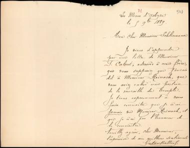 Letter sent by Battus, Gustave to Schliemann, Heinrich, 1889