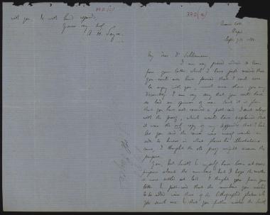 Letter sent by Sayce, Archibald Henry to Schliemann, Heinrich, 1880