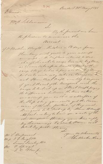 Letter sent by Booker, John & Son to Schliemann, Heinrich, 1848