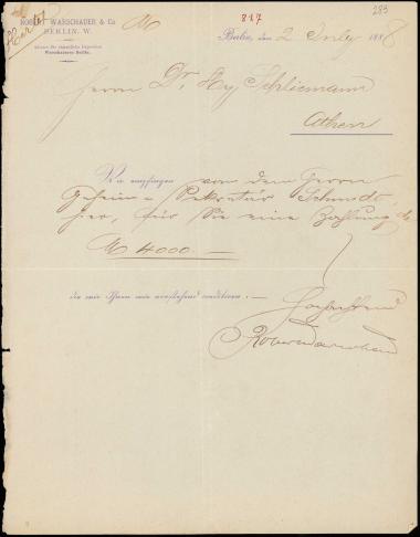 Letter sent by Warschauer, Robert & Co. to Schliemann, Heinrich, 1888