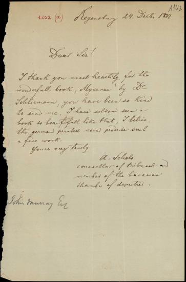 Letter sent by Schels, August to Schliemann, Heinrich, 1877