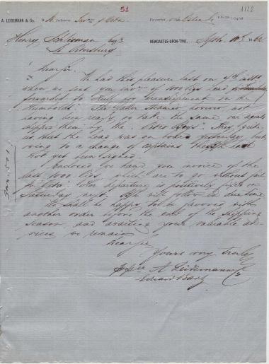 Letter sent by Leidemann, A. & Co. to Schliemann, Heinrich, 1862