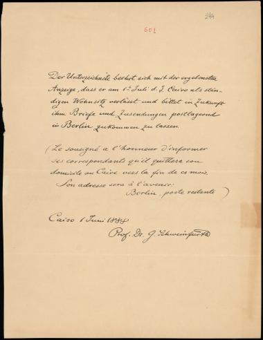 Letter sent by Schweinfurt, G. to Schliemann, Heinrich, 1888