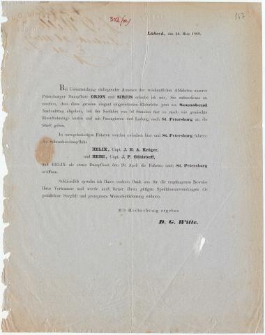 Letter sent by Witte, D. G. to Schliemann, Heinrich, 1860
