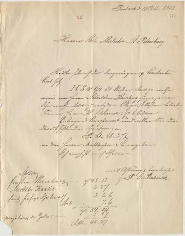 Letter sent by Behnck, P. J. to Schliemann, Heinrich, 1853
