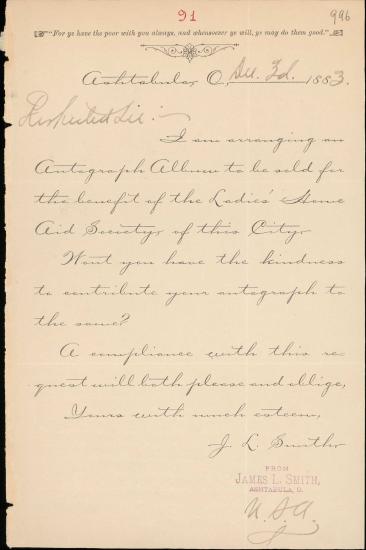 Letter sent by Smith, James L. to Schliemann, Heinrich, 1883