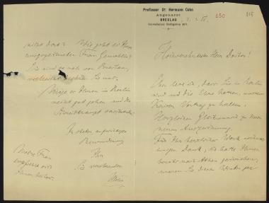 Letter sent by Cohn, Hermann to Schliemann, Heinrich, 1886