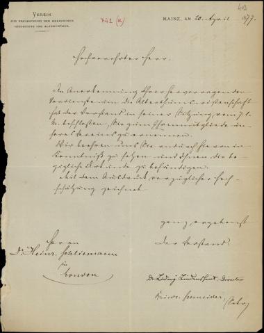 Letter sent by Lünderschmidt, L. to Schliemann, Heinrich, 1877